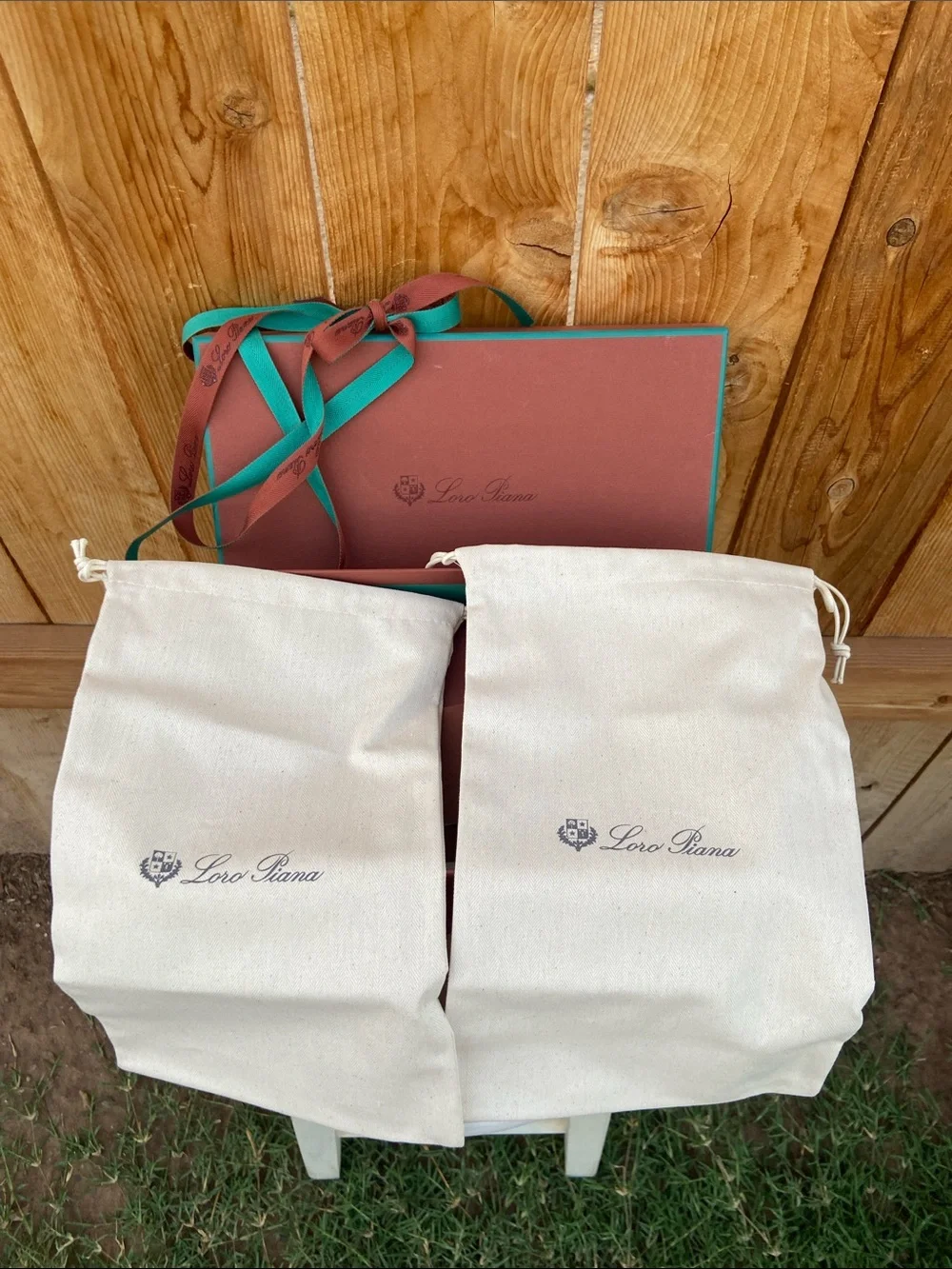 Loro Piana Shoe Box in Classic Rust w/ Turquoise Trim, 2 Dust Bags & Ribbon